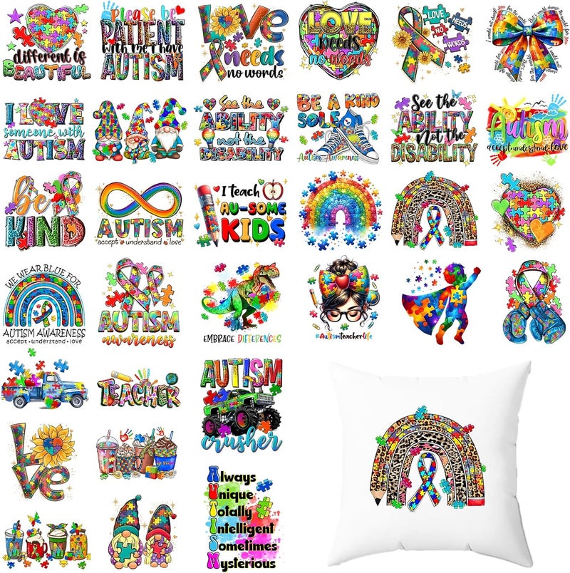 HTVSTD Autism Puzzle Iron on Transfers 32 Sheets DTF Transfers Ready to Press Rainbow Color Iron on Decals for T-Shirts Puzzles Heat Transfer Vinyl Be Kind Iron on Decals for DIY Patches Decals - Image 1